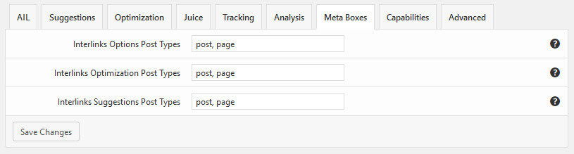 Menú Options Meta Boxes Interlinks Manager