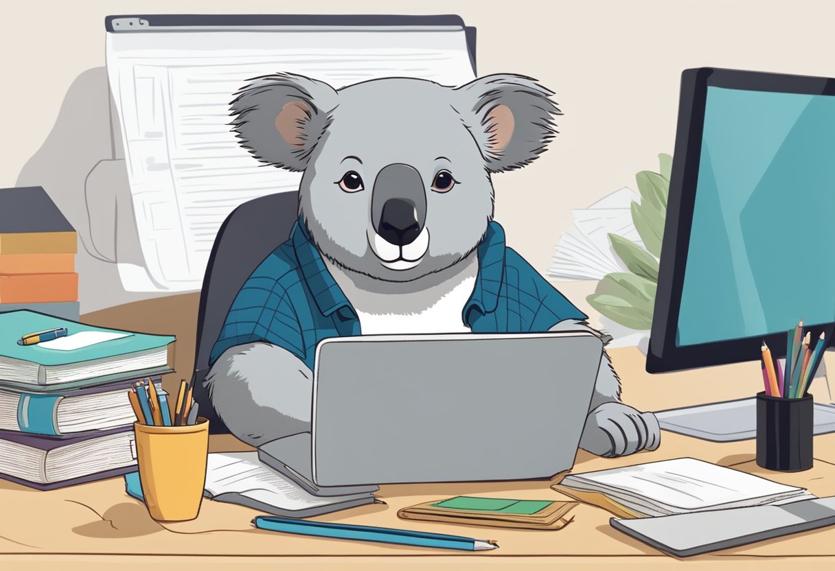 A koala sits at a desk, typing on a computer with a confident expression. Books and papers are scattered around, showing signs of improvement in writing skills