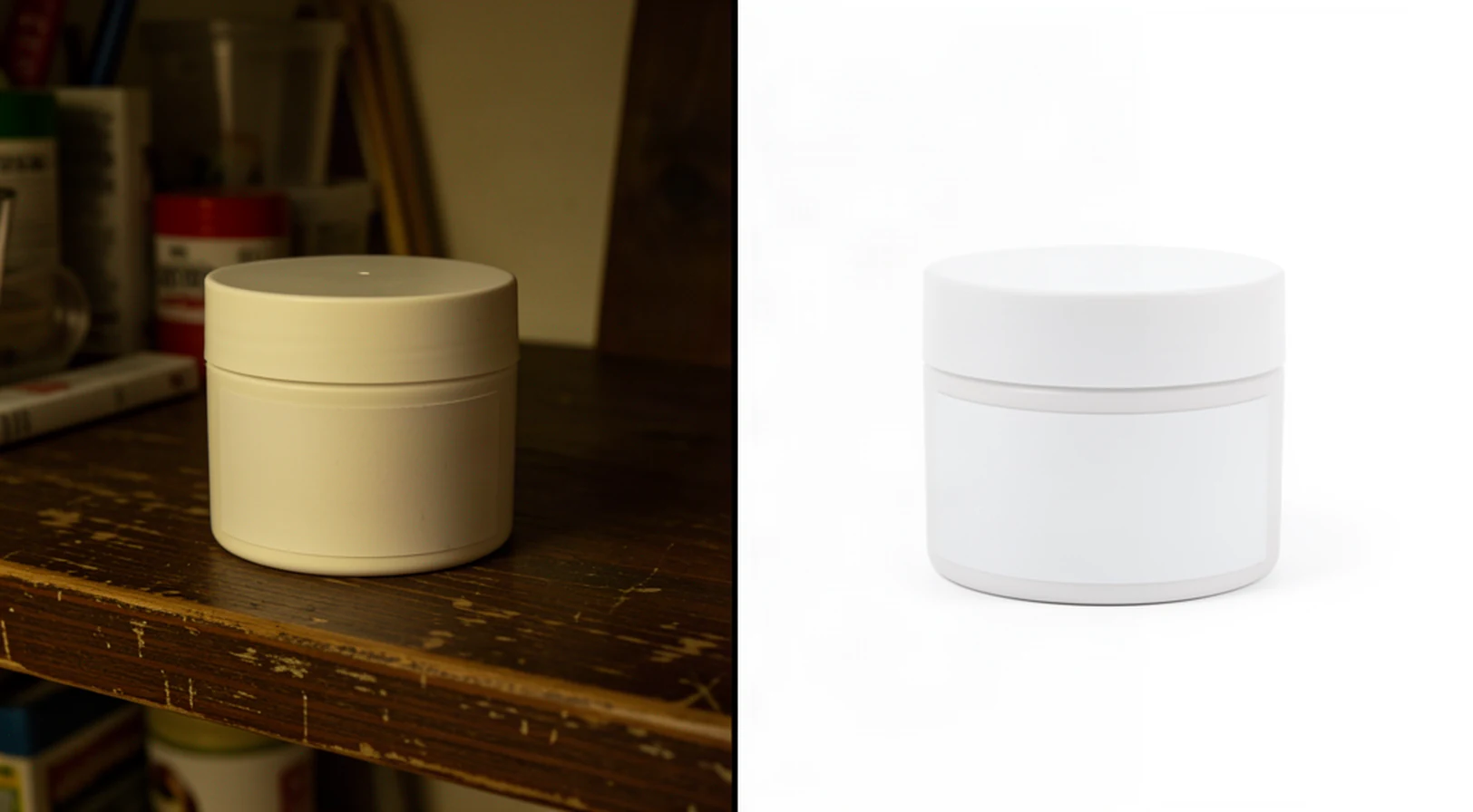 Antes y después de un frasco de cosmética con etiqueta: sobre un estante de madera y el mismo frasco en fondo de estudio blanco