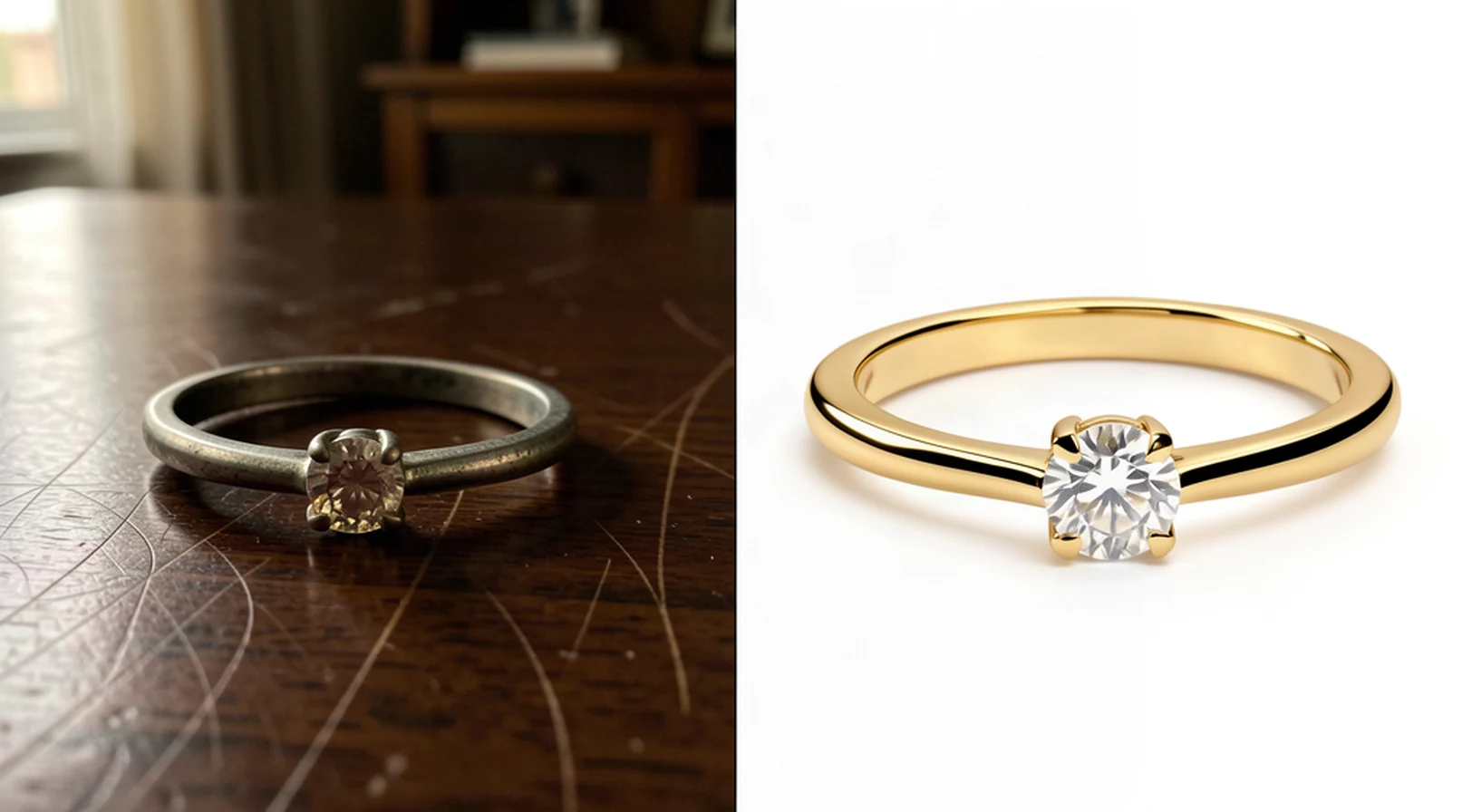 Antes y después de un anillo de oro con gema: sobre una mesa de madera y el mismo anillo en fondo de estudio blanco