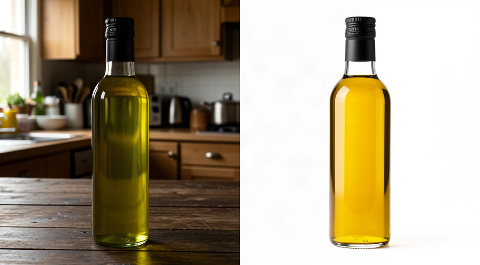 Antes y después de una botella de aceite: sobre una mesa de cocina y la misma botella en fondo de estudio blanco