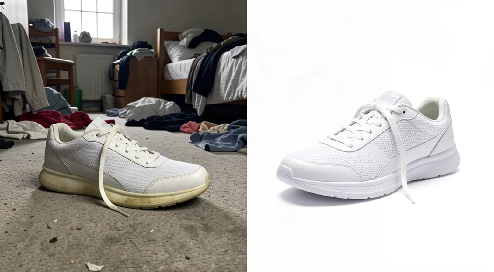 Antes y después de una zapatilla deportiva: en el suelo de una habitación y la misma zapatilla en fondo de estudio blanco